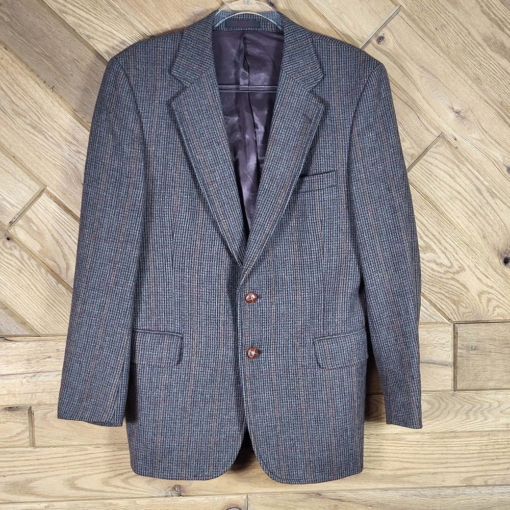 English Manor Blazer Mens 38R Wool Micro Check Sport Coat Brown Multi